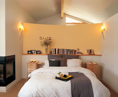 
Garnished with a ­fireplace by Heat ’n’ Glo, the bedroom is built asymmetrically according to the ­principles of feng shui.
